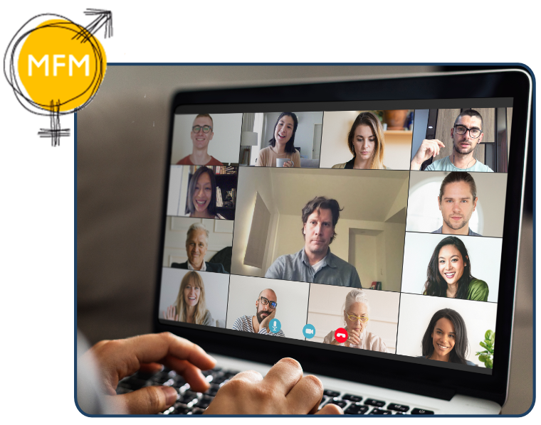 Spotkanie online widok na laptopie zalogowanych uczestników. Logo MFM.